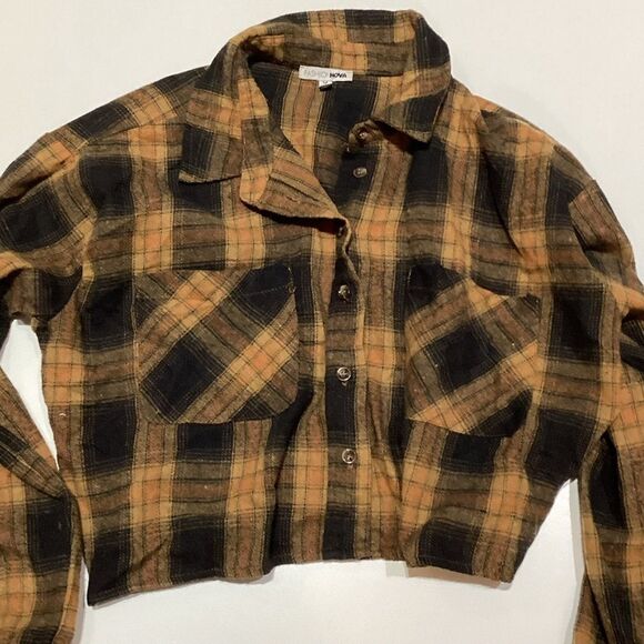 Fashion nova Briella Cropped Plaid Shirt Mustard/combo brown yellow - Picture 3 of 16